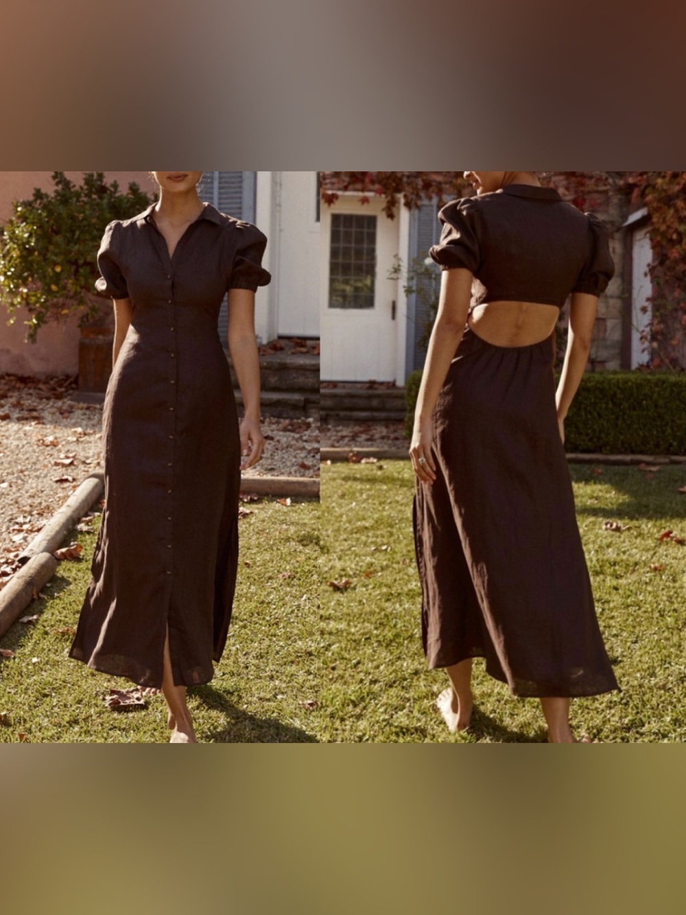 DISSH Elain chocolate brown linen open back midi dress